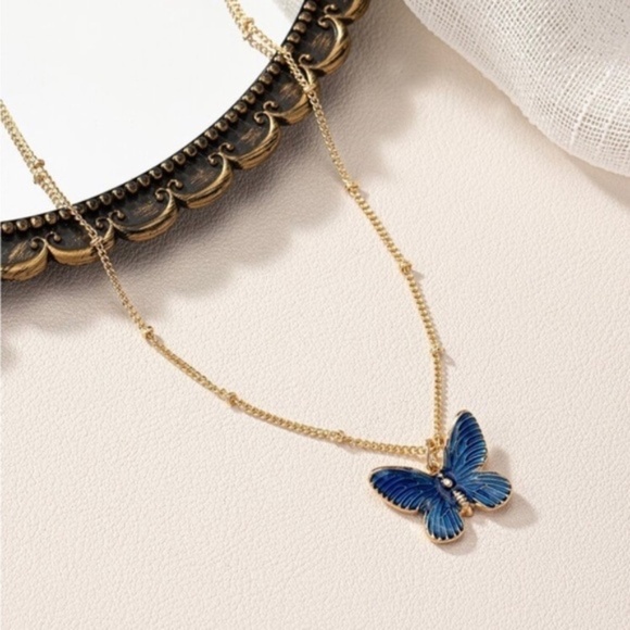 Gold Beaded Butterfly Charm Necklace - Picture 2 of 2